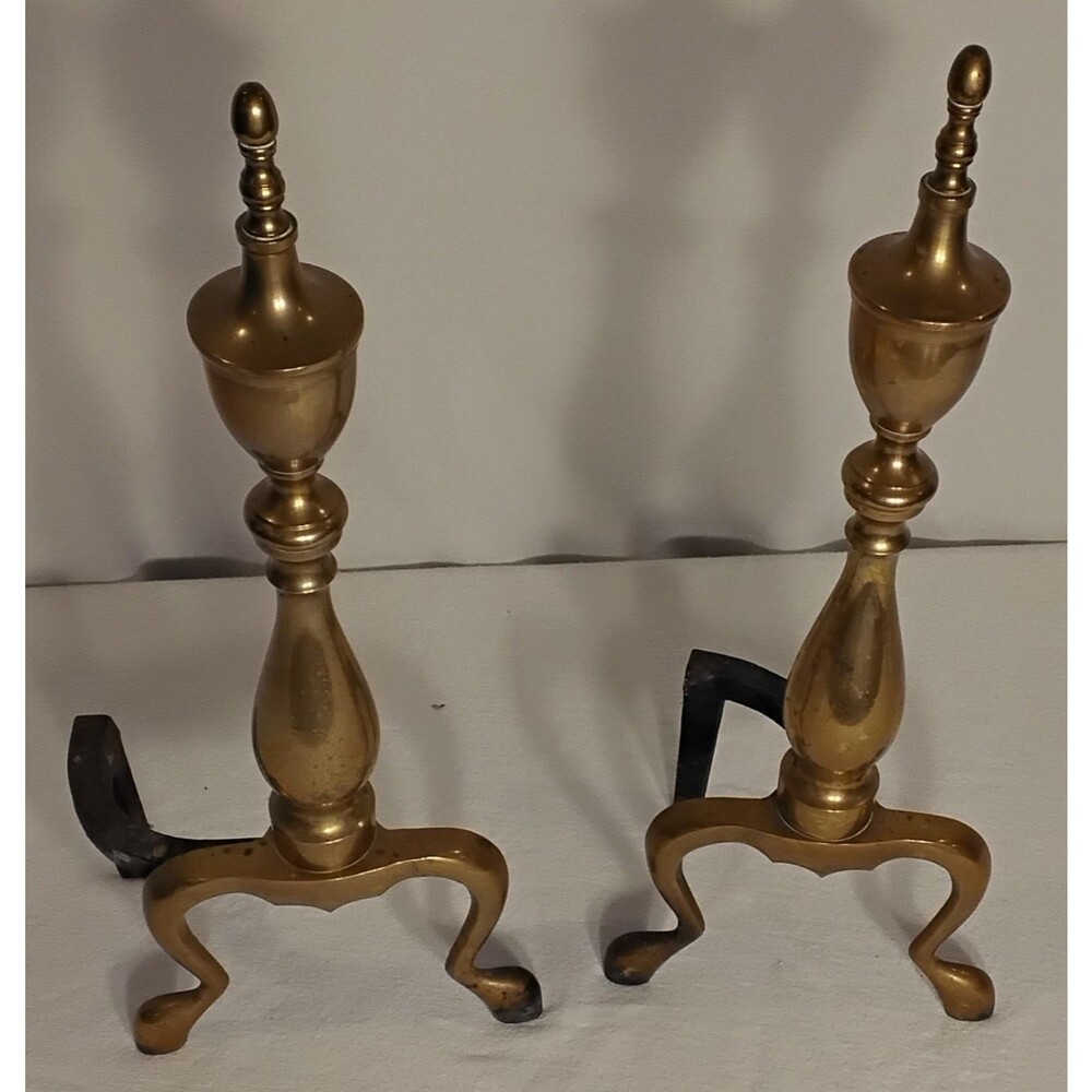 Brass Fireplace Vintage End Irons Andirons Fire Dogs 17" Tall